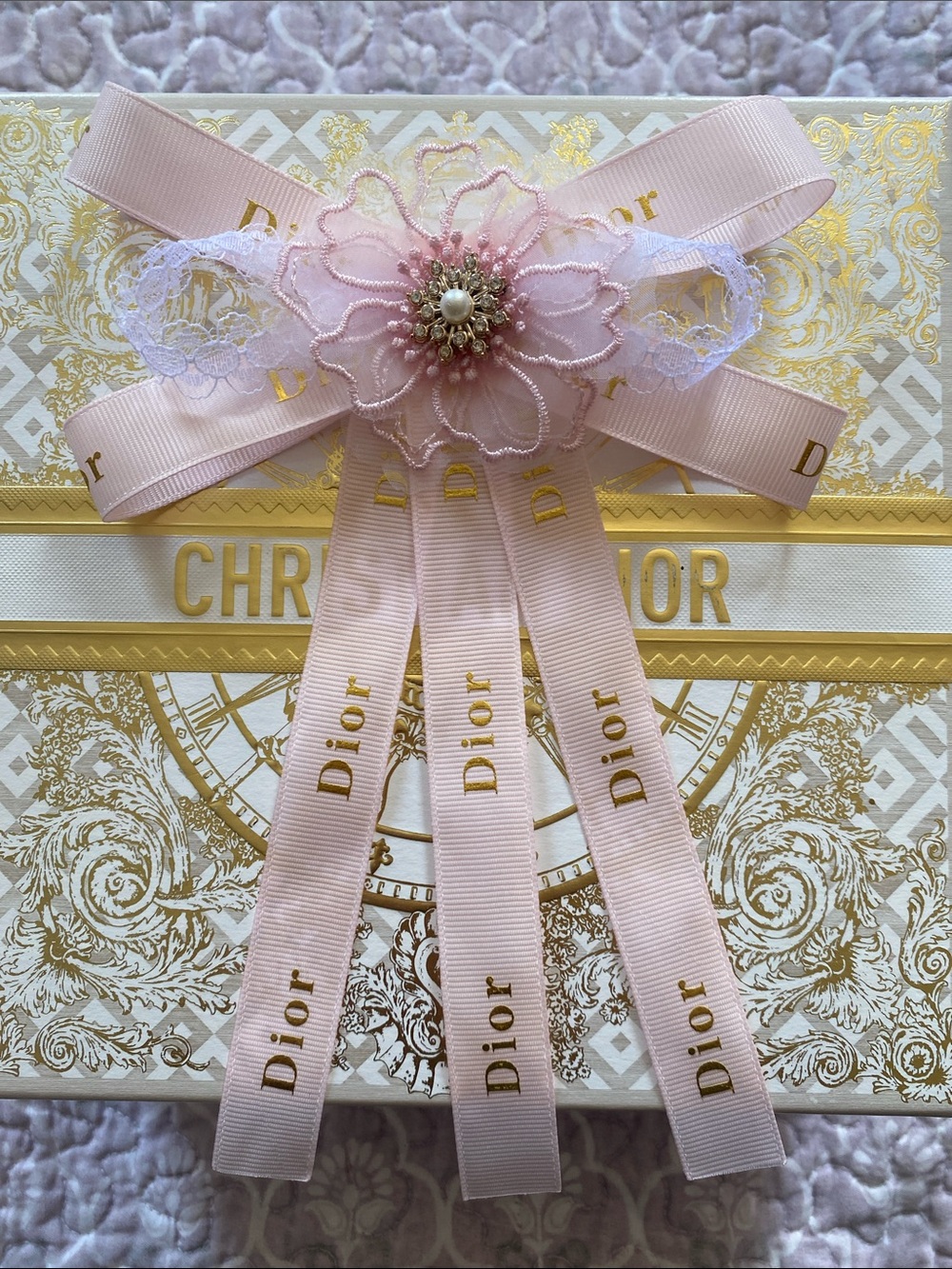 Handmade Dior Pale Pink Floral Ribbon Brooch with Pearl Center Hairclip